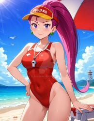1girls 2025 4kids_entertainment ai_generated anime beach deviantart elryusam female green_earrings jessie_(pokemon) lifeguard lifeguard_hat lifeguard_swimsuit meta mouth_closed nintendo not_porn pink_eyebrows pink_hair_female pokemon purple_eyes red_cheeks team_rocket whistle_around_neck