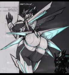 black_bars black_body blue_eyes bodily_fluids cryo_(plagueburd) duo female flustered_male genital_fluids genitals hi_res humanoid letterbox machine orion_(plagueburd) plagueburd pussy requesting robot robot_humanoid sex_request