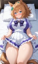 ai_generated animal_ears big_breasts blue_eyes female hair_accessory horse_girl light_brown_hair ponytail skirt taiki_shuttle_(umamusume) thighs tracen_school_uniform umamusume umamusume_pretty_derby