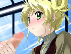 aeru blonde_hair blush censored female green_eyes handjob penis saipaco school_uniform serafuku simoun turtleneck