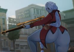 1girls ass ass_focus b_b_poltergeist big_ass big_breasts bottomless breasts deadlock female female_focus female_only from_behind huge_ass lipstick makeup ponytail solo solo_female solo_focus thick thick_ass thick_thighs vindicta_(deadlock) weapon white_eyes white_hair
