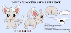 anus artist_logo ass blush clothing english_text female female_feral feral fur generation_5_pokemon genitals grey_body grey_fur logo maid_headdress minccino mincy_minccino model_sheet nintendo panties pichu90 pokemon pokemon_(species) presenting presenting_pussy pussy simple_background solo text underwear x_anus