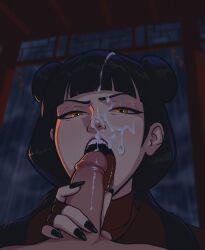 1boy 1boy1girl 1girls 2d 2d_(artwork) alternate_version_at_source amber_eyes avatar_the_last_airbender bangs black_hair black_hair_female black_nail_polish black_nails blowjob clothed_female cum cum_on_face cum_on_hair double_hair_bun facial fellatio hairbuns hand_around_penis hand_on_penis mai_(avatar) mrstranger open_mouth penis tagme tongue_on_penis