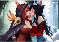 2girls ahri ai_generated girl_on_girl league_of_legends lesbian_couple lesbian_focus lesbian_kiss lesbian_sex vastaya xayah yuri yuri yuri