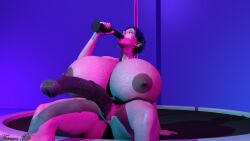 3d big_areola big_ass blue_hair dildo_in_mouth futanari horsecock huge_breasts huge_cock long_nails purple_eyes stripper_pole termos3d