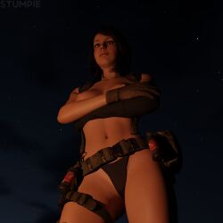 1girls 3d breasts brown_hair brown_hair_female campfire female hi_res medium_ass metal_gear_solid night night_sky ponytail ponytail_female posing quiet_(metal_gear) romantic romantic_ambiance romantic_night solo stefanie_joosten stumpie thighs topless