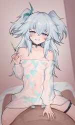1boy absurdres assertive_female bare_shoulders black_choker blue_eyes blue_hair blush breasts censored choker clothed_female_nude_male cowgirl_position female fiftya florence_(girls'_frontline_2) girls'_frontline girls'_frontline_2:_exilium grin hair_between_eyes hand_on_another's_stomach hand_up happy_sex heart heart-shaped_pupils heart_print highres holding holding_syringe indoors long_hair male navel nipples no_bra nude off-shoulder_shirt off_shoulder on_bed pa-15_(girls'_frontline) pa-15_(marvelous_yam_pastry)_(girls'_frontline) print_shirt see-through_clothes see-through_shirt sex shirt small_breasts smile solo_focus straddling straight symbol-shaped_pupils syringe thigh_strap white_shirt