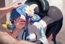 1boy 1boy1girl 1girls ahe_gao ai_generated ass big_ass big_breasts big_butt blowjob_face blue_hair braid breasts dizzy_(guilty_gear) fellatio female female_focus guilty_gear guilty_gear_strive hand_on_head indoors large_ass large_breasts long_hair oral oral_sex penis periph queen_dizzy saliva tail