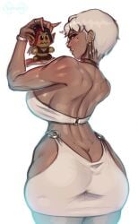 1futa ass black_choker borrowed_character breasts butt_crack character_doll choker dark-skinned_futanari dark_skin earrings from_behind futanari grey_dress grey_hair hip_vent kali_(asura) kalivero large_breasts miniskirt muscular muscular_arms muscular_back muscular_futanari no_panties o-ring o-ring_skirt o-ring_top short_hair sideboob skirt solo_focus standing tubetop wide_hips