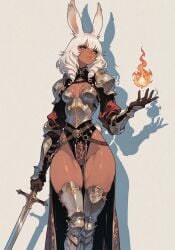 ai_generated armor armored_boots armored_female armored_gloves bare_thighs belt belt_buckle boob_window breast_plate bunny_ears bunny_tail casting_spell civitai czero2011 dark-skinned_female dark_skin digital_media_(artwork) drill_hair embroidery engraving fantasy female female_only final_fantasy final_fantasy_tactics fireball flames gold_eyes greaves hair_between_eyes holding_weapon long_sleeves muscular muscular_thighs original_character pauldrons pelvic_curtain plump_lips rabbit_ears rabbit_girl rabbit_tail red_mage shadow shoulder_length_hair side_bangs simple_background skinny_female skirt small_breasts solo solo_female sword thick_thighs toned_female viera white_hair wide_hips