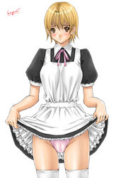 blush gegera highres ichigo_100 ichigo_100_percent maid nishino_tsukasa panties pointy_chin skirt skirt_lift thighhighs underwear