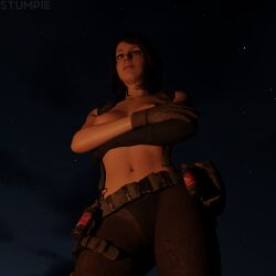 1girls 3d breasts brown_hair brown_hair_female campfire female hi_res medium_ass metal_gear_solid night night_sky ponytail ponytail_female posing quiet_(metal_gear) romantic romantic_ambiance romantic_night see-through see-through_clothing solo stefanie_joosten stumpie topless