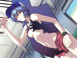 1girls blue_hair breast_grab breasts chikan clothing faceless faceless_male female fingering gainax groping hand_in_panties hat human mister_x neon_genesis_evangelion nipples ojin_koukoku_(artist) pale-skinned_female pale_skin red_eyes rei_ayanami short_hair shorts small_breasts straight_hair train train_interior watch wristwatch