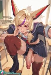 ai_generated battle_academia_xayah blackmail erection_under_clothes erection_under_skirt fluffy_ears futanari league_of_legends manipulation noonyx penis_out penis_under_skirt precum precum_drip pubic_hair riot_games school_uniform solo_futa threatening vastaya xayah