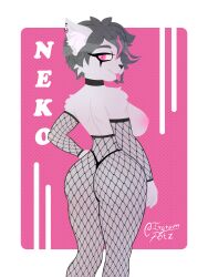 3:4 absurd_res anthro breasts clothed clothing domestic_cat felid feline felis female fur grey_hair hair hi_res irgramfox mammal neko_(kinsfon) pink_eyes simple_background solo text white_body white_fur