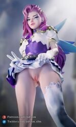 big_thighs blue_eyes breasts female female_only iidssm_sfm league_of_legends light-skinned_female light_skin long_hair looking_at_viewer naked naked_female nude nude_female pink_hair pink_lipstick pussy seraphine_(league_of_legends) small_breasts solo thick_thighs thighs upskirt