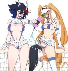 2girls bare_legs bikini bikini_bottom bikini_top black_hair blonde_hair dripping dripping_pussy dripping_tongue exposed_breasts exposed_nipples goku_uniform hakodate_omiko hands_behind_back imminent_oral imminent_sex junketsu junketsu_ryuuko kill_la_kill kiryuuin_satsuki kneeling matoi_ryuuko one-piece_swimsuit red_highlights sideboob sweat sweaty swimsuit_under_clothes tagme tennis_ball tennis_court tennis_net tennis_outfit tennis_skirt tennis_uniform tongue_out top_pulled_up two-piece_swimsuit usurper2001 white_skirt