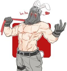 1boy belt bunny_boy bunny_costume bunny_ears bunny_tail crazy_eyes digital_drawing_(artwork) digital_media_(artwork) gloves konig konig_(call_of_duty) leash leash_pull male male_focus male_only mask masked_male muscular muscular_male no_body_hair pants pants_only pecs scar scars scars_all_over shirtless shirtless_male slim_waist sniper_veil solo_male soysauce0u0