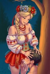 1boy 1futa ai_generated black_hair blonde_hair blue_eyes braid cum cum_in_mouth cum_inside cumdrip deepthroat ejaculation erection faceless_male flower flower_in_hair flower_on_head futa_on_male futadom futanari head_grab looking_at_partner looking_down miniskirt motion_lines necklace off_shoulder oral penis red_skirt ribbon ribbons seductive seductive_look seductive_smile single_braid skirt slavic slavic_futa slavic_girl smile testicles traditional_clothes ukrainian ukrainian_girl
