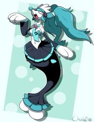 alternate_species anthro armwear artist_name blue_hair blue_nose bottomwear bra breasts chabble closed_eyes clothing detached_sleeves fans female fin generation_7_pokemon hair hatsune_miku hi_res medium_breasts midriff navel necktie nintendo open_mouth pokemon pokemon_(species) primarina seashell seashell_bra shell signature skirt solo text twintails_(hairstyle) underwear vocaloid