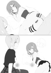 1boy 2girls after_sex after_vaginal antlers ass bar_censor breasts broken_condom censored ceres_fauna ceres_fauna_(goth) commentary condom cum cum_in_pussy earrings english_commentary grin hololive hololive_english horns impregnation jewelry monochrome multicolored_hair multiple_girls nanashi_mumei nanashi_mumei_(emo) nipples official_alternate_costume official_alternate_hair_length official_alternate_hairstyle penis pillow pleated_skirt pussy recklessdraw short_hair skirt smile streaked_hair tank_top thigh_strap veins veiny_penis virtual_youtuber