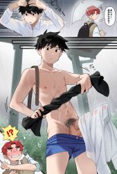 2boys black_eyes black_hair erection gay gay_male highres holding holding_umbrella male male_focus multiple_boys nipples nude original rain red_hair skinny speech_bubble syokuhin_108 transparent transparent_umbrella umbrella water_drop yaoi