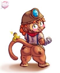 4_fingers anthro avian bird bloons_td_battles_2 bloons_tower_defense blush bonnie_(bloons_td_battles_2) clothing duo feathers female fennephilim_fox fingers fur genitals grease_stains green_eyes hair haplorhine hi_res looking_at_viewer looking_back looking_back_at_viewer mammal miner_helmet missing_tooth monkey monkey_girl open_mouth orange_body orange_fur orange_hair primate pussy scarf shirt silver_gloves topwear white_clothing white_shirt white_topwear yellow_body yellow_feathers