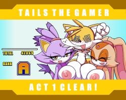 420_(number) 69_(number) aged_up anthro areola big_breasts bisexual blaze_the_cat blush breast_squish breasts breasts_frottage canid canine cream_the_rabbit dizzy_eyes domestic_cat eyelashes felid feline felis female female/female fox fur group hi_res ichduhernz lagomorph leporid male male/female mammal nipples nude pupils purple_body purple_fur rabbit sega sonic_(series) sonic_the_hedgehog_(series) squish tails tails_the_fox text trio