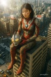 aftermath ai_generated asian asian_female breasts breasts city dirty_clothes female female female_focus genderswap_(mtf) giant_female giant_woman giantess japanese japanese_female light-skinned_female light_skin pancyber realistic superheroine tired ultraman ultraman_(franchise) ultrawoman