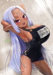 arms_up competition_swimsuit dark-skinned_female dark_skin one-piece_swimsuit petite shortstack shower small_but_busty stretching wet