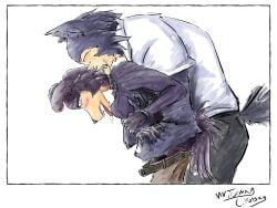 absurd_res anthro beastars bottomwear bottomwear_down breast_grab breasts canid canine canis clothed clothed_sex clothing duo female female_penetrated hand_on_breast hi_res hug hugging_another hugging_from_behind juno_(beastars) legoshi_(beastars) male male/female mammal mr.foxman pants pants_down partially_clothed penetration penetration_from_behind sex wolf
