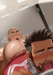 2boys absol_(dkqthf) age_difference all_fours ass bara beefy big_ass black_hair blurry_foreground blush broad_shoulders brown_hair bubble_butt buzz_cut ceiling ceiling_light close-up collarbone completely_nude daddy dat_ass depth_of_field dilf drooling duo filming freaky from_behind frown gay gesture hi_res hunk imminent_anal imminent_penetration imminent_sex indoors jacket looking_at_viewer male male/male male_only manly maou_abusorun mature_male muscles muscular muscular_ass muscular_legs muscular_male muscular_thighs narrowed_eyes ok_sign okay_sign original original_character p.e._teacher plump_ass rimjob rimming round_ass saliva saliva_trail sanpaku short_hair sideburns small_pupils spiky_hair spread_legs steam steamy_breath student student_fucking_teacher sweat sweatdrop tan tan_body tanline teacher thick_ass thick_eyebrows toilet tongue_out tough_guy uncensored yaoi