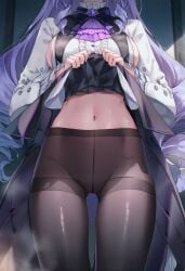 ai_generated exposed_stomach lifting_dress shy sideboob stockings sweaty tagme thighs vivian_(zenless_zone_zero) zenless_zone_zero
