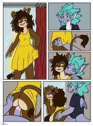 against_mirror ambiguous_penetration anthro ass bite black_nose blush bottomless breasts brown_body brown_fur brown_hair butt_slap clothed clothed_sex clothing comic dress duo felid female female_penetrated fiona_(artist) fish fitting_room fur green_eyes green_hair grey_body grey_skin hair hi_res lion male male/female male_penetrating male_penetrating_female mammal marine mirror pantherine penetration sex shark shoulder_bite slap tail tail_tuft tongue tongue_out tuft yellow_eyes