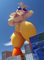 1girls 3d 3d_(artwork) animatronic animatronic_female animatronic_girl arms_behind_back bib big_breasts breasts building buildings city commission female female_focus female_only five_nights_at_freddy's five_nights_at_freddy's_2 hands_behind_head heart-shaped_pupils huge_toy_chica large_boobs large_breasts looking_down mikesmike nipple nipple_piercing pussy smile smiling solo solo_female solo_focus standing thick_thighs thighs toy_chica_(fnaf) toy_chica_(love_taste) vagina yellow_body