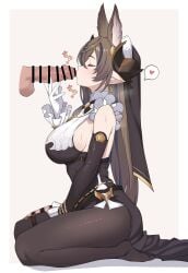 0haribo0 absurdres animal_ears bare_shoulders black_dress black_pantyhose black_veil brown_hair closed_eyes closed_mouth collar detached_sleeves dress extra_ears female from_side galleon_(granblue_fantasy) gloves granblue_fantasy highres horns kissing_penis kneeling pantyhose pointy_ears veil white_collar white_gloves
