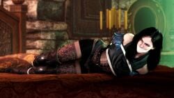 3d bed bedroom black_hair bondage captured captured_heroine cd_projekt_red clothing female gagged light-skinned_female lying_on_bed mascara purple_eyes skyripe solo solo_female stockings the_witcher_(series) the_witcher_3:_wild_hunt yennefer