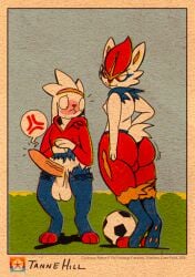 2025 absurd_res anthro artist_logo artist_name ass ball balls bedroom_eyes big_balls big_penis blush cinderace clothed clothing copyright_name cross-popping_vein digital_drawing_(artwork) digital_media_(artwork) duo english_text femboy flustered fur game_freak generation_8_pokemon genitals hi_res hoosierman9911a lagomorph leporid logo looking_at_another male male/male mammal narrowed_eyes nervous nintendo nipples nude penis pokemon pokemon_(species) rabbit raboot red_eyes seductive signature simple_background soccer_ball tail text white_body white_fur