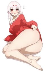 absurdres barefoot blush bottomless breasts daydarion dress facial_mark female forehead_mark hair_bun highres indie_virtual_youtuber large_breasts long_hair looking_at_viewer lying no_panties off-shoulder_dress off_shoulder on_side open_mouth red_eyes red_sweater simple_background single_side_bun solo sweater sweater_dress virtual_youtuber white_background white_hair yumie_tsuchinoko
