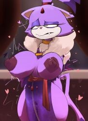 2024 absurd_res anthro big_breasts blaze_the_cat breast_expansion breasts domestic_cat expansion eyelashes eyeshadow felid feline felis female forehead_gem gem heart hi_res makeup mammal nipple_dip nipples ponytail postpluvial sega solo sonic_(series) sonic_the_hedgehog_(series) tail the_murder_of_sonic_the_hedgehog yellow_eyes