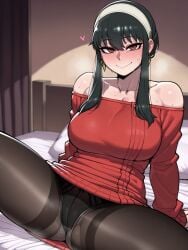 1girls ai_generated astralgazer black_hair black_pantyhose blush blush_lines blushing_at_viewer earrings exposed_shoulders female hair_band heart heart_symbol large_breasts long_hair looking_at_viewer off_shoulder on_bed panties panties_under_pantyhose pantyhose presenting red_eyes red_shirt red_sweater seductive seductive_look seductive_smile sitting smile spread_legs spy_x_family steam steaming_body sweat sweatdrop sweater sweaty thighs yor_briar yor_forger