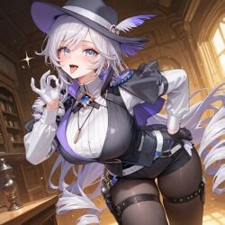 1girls ai_generated asking_for_sex asking_viewer ass asymmetrical_legwear bending_forward bending_over black_stockings black_vest blowjob blowjob_gesture blue_eyes breasts detective_(silver_palace) drill_hair fellatio fellatio_gesture female female_focus female_only gloves hat large_breasts looking_at_viewer necklace purple_hair shorts silver_palace solo solo_female solo_focus stockings thick thick_ass thick_thighs thighhighs thighs very_long_hair vest white_gloves