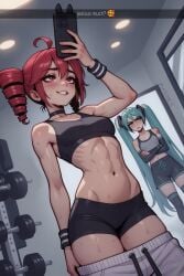 2girls abs ahoge ai ai_generated aqua_eyes aqua_hair armpits bangs bare_shoulders black_bra black_choker black_clothes black_legwear black_shirt black_shorts black_sports_bra black_thighhighs black_underwear blue_eyes blush bra breasts cellphone choker clavicle clothes_pull clothing crop_top crossed_arms detached_sleeves drill_hair exercise eyebrows female grin gym hair_ornament hatsune_miku holding holding_object holding_phone indoors kasane_teto latbjorn_ai legwear long_hair medium_breasts midriff multiple_girls muscle muscular navel original pants pants_pull phone red_eyes red_hair shirt short_shorts shorts shorts_pull sleeveless small_breasts smartphone smile sports_bra sportswear standing stomach sweat tank_top teeth thighhighs thighs twin_drills twintails underwear very_long_hair weights wristband