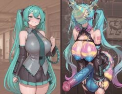 ai_generated animal_genitalia ass_expansion body_modification breast_expansion deltarune equine_genitalia equine_penis futa_transformation futanari gigantic_penis hatsune_miku huge_ass huge_breasts hyper_genitalia hyper_penis saggy_balls testicles transformation vocaloid werewire
