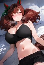ai_generated animal_ears bed big_breasts female highlights_hairs horse_girl nice_nature_(umamusume) reddish_hair sleeping tank_top twintails umamusume umamusume_pretty_derby