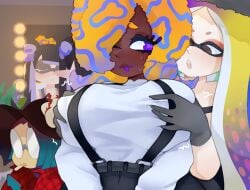 4girls aqua_hair black_hair black_hat black_suspenders blonde_hair breasts cigarette dark-skinned_female dark_skin female glasses gloves grabbing_another's_breast gradient_hair grey_gloves grey_hat groping hair_over_one_eye hat hat_ornament highres indoors inkling jessika_(splatoon) large_breasts long_sleeves mirror multicolored_hair multiple_girls nintendo octoling opaque_glasses orange_hair patterned_hair plaid_clothes plaid_shirt pointy_ears purple_eyes purple_hair red_shirt round_eyewear shirt shirt_tucked_in smoking splatoon splatoon_(series) splatoon_3 tao_blu_(splatoon) tentacle_hair tosh_(splatoon) twintails vespbee white_shirt yoko_(splatoon) yuri