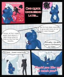 1boy 1boy1girl 1girls an_(anascarfan2) areolae big_breasts binturong black_body blue_areola blue_body breasts cleavage comic female furry gwynn_(kuroinosolitude) huge_breasts kuroinsolitude male nipples nude pokemon pokemon_(species) pregnant ready_to_pop samurott scar shower tagme thick_thighs wide_hips