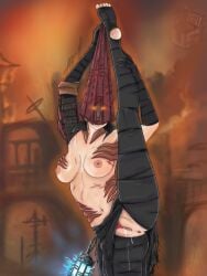 balancing barefoot bush exposed_breasts exposed_pussy helmet lords_of_the_fallen pyromancer stretching