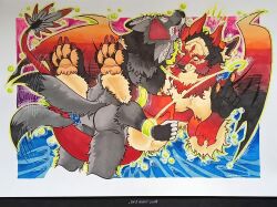 anthro anthro_dragon bondage bondage bound colorful_theme duo from_front_position happy happy_sex hi_res legs_in_air lying magic making_love male male/male missionary_position on_back sex spread_legs spreading traditional_media_(artwork) wings