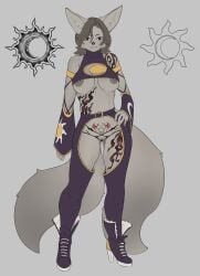 absurd_res adam34152 anthro arm_tattoo belly_tattoo big_breasts breasts canid canine canis clitoris clothed clothing fan_character female fennec_fox fox fur fut genitals grey_body grey_fur hair hayashi_tsukiyo_(adam341) hi_res leg_tattoo mammal markings multi_tail nipples nude original_character panties partially_clothed pubic_tattoo pussy solo tail tattoo topwear true_fox underwear